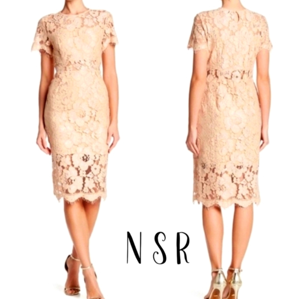 NSR x Revolve Golden Beige Lace Midi Dress Size S